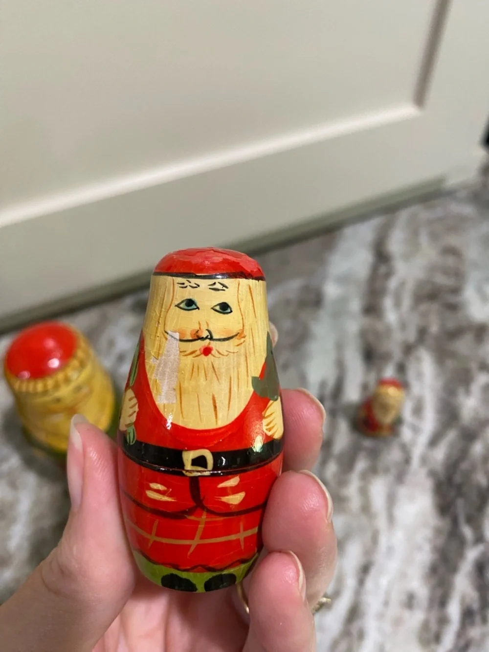Vintage Hand-Painted Russian Santa Nesting Dolls Set - Green and Red